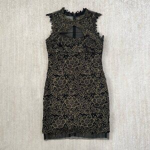 Betsy & Adam Metallic Gold Black Floral Lace Mesh Cocktail Party Dress 12